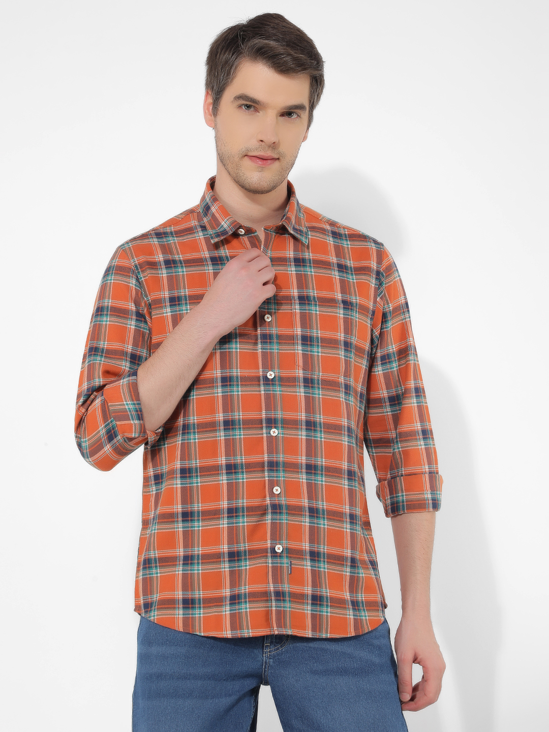 Numero Uno Men Checkered Orange Shirt